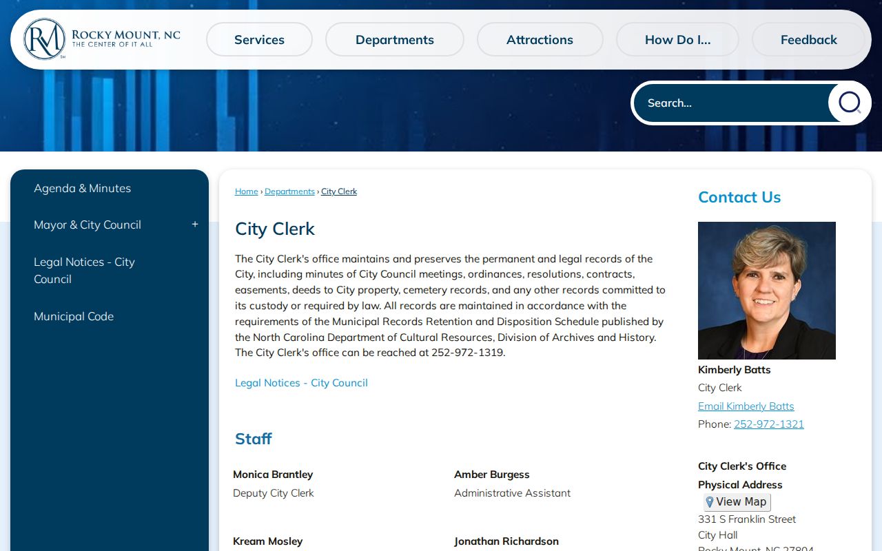 Rocky Mount people search through City Clerk records