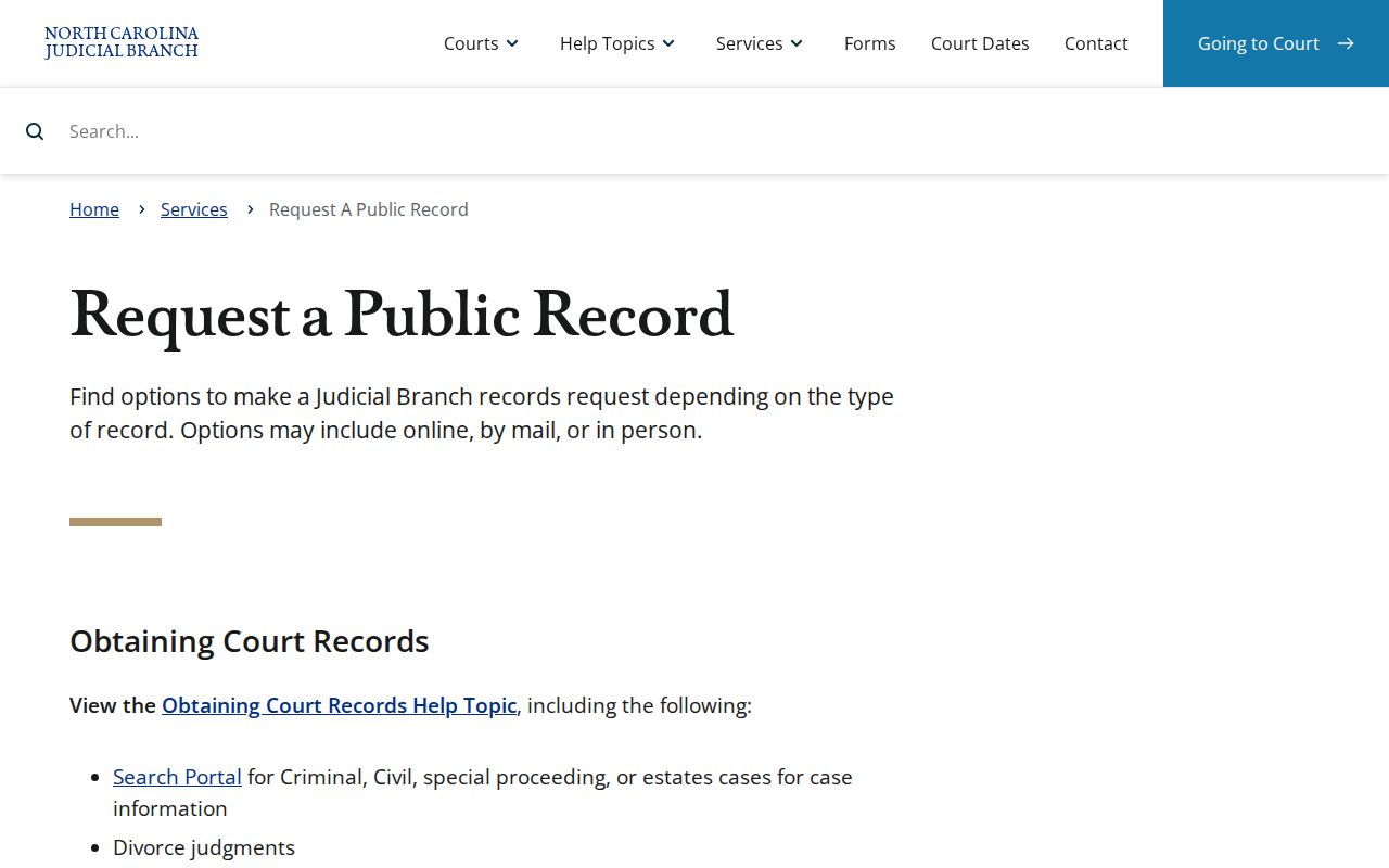 Rocky Mount public records request options from the North Carolina Judicial Branch