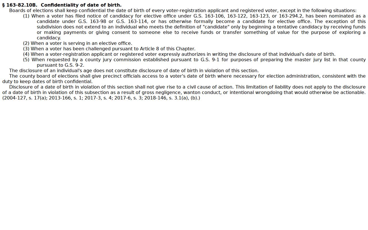 Rocky Mount voter records birth date confidentiality statute